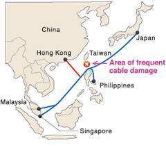 Severed submarine cables off the coast of Taiwan