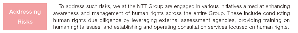 To address such risks, we at the NTT Group are engaged in various initiatives aimed at enhancing awareness and management of human rights across the entire Group. These include conducting human rights due diligence by leveraging external assessment agencies, providing training on human rights issues, and establishing and operating consultation services focused on human rights. Addressing Risks