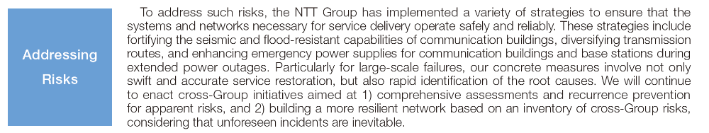 To address such risks, the NTT Group has implemented a variety of strategies to ensure that the systems and networks necessary for service delivery operate safely and reliably. These strategies include fortifying the seismic and flood-resistant capabilities of communication buildings, diversifying transmission routes, and enhancing emergency power supplies for communication buildings and base stations during extended power outages. Particularly for large-scale failures, our concrete measures involve not only swift and accurate service restoration, but also rapid identification of the root causes. We will continue to enact cross-Group initiatives aimed at 1) comprehensive assessments and recurrence prevention for apparent risks, and 2) building a more resilient network based on an inventory of cross-Group risks, considering that unforeseen incidents are inevitable. Addressing Risks