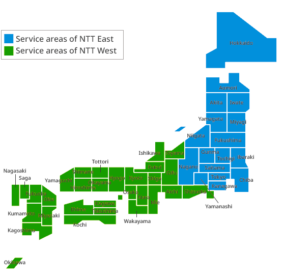 A map of Japan showing the service areas of NTT East and NTT West