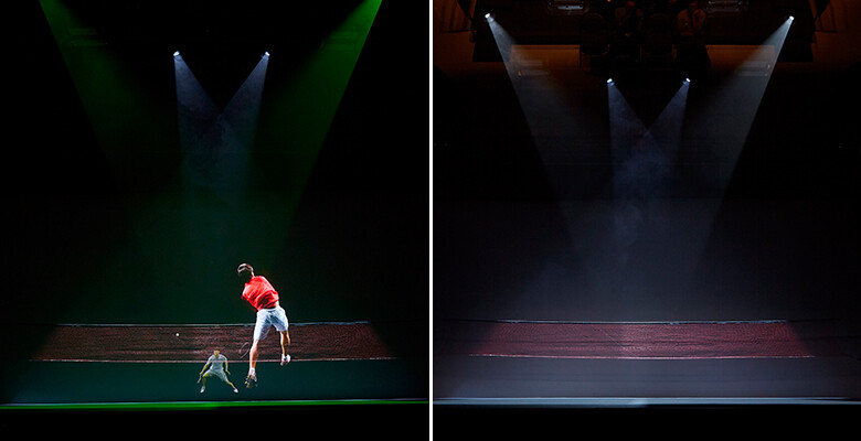 Image:Left: Venue when players' images are being projected. Right: Venue when the players' images are not being projected.