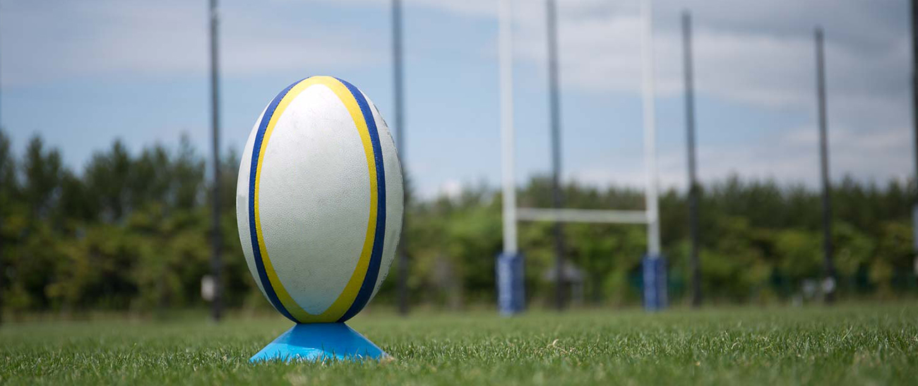 Image: A rugby ball placed on a rugby field