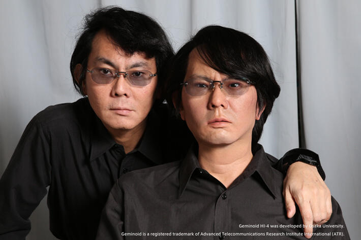 Prof. Hiroshi Ishiguro (left) and Geminoid HI-4 (right)