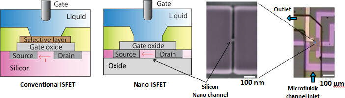 Figure 1: Structures of conventional ISFET and nano-ISFET