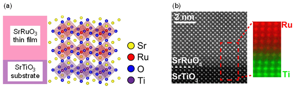 Figure 5. (a) Specimen structure (left) and crystal structure (right) for SrRuO3 thin films on SrTiO3 substrates. Both of the materials take the perovskite structure. (b) Electron microscopy image of a specimen.