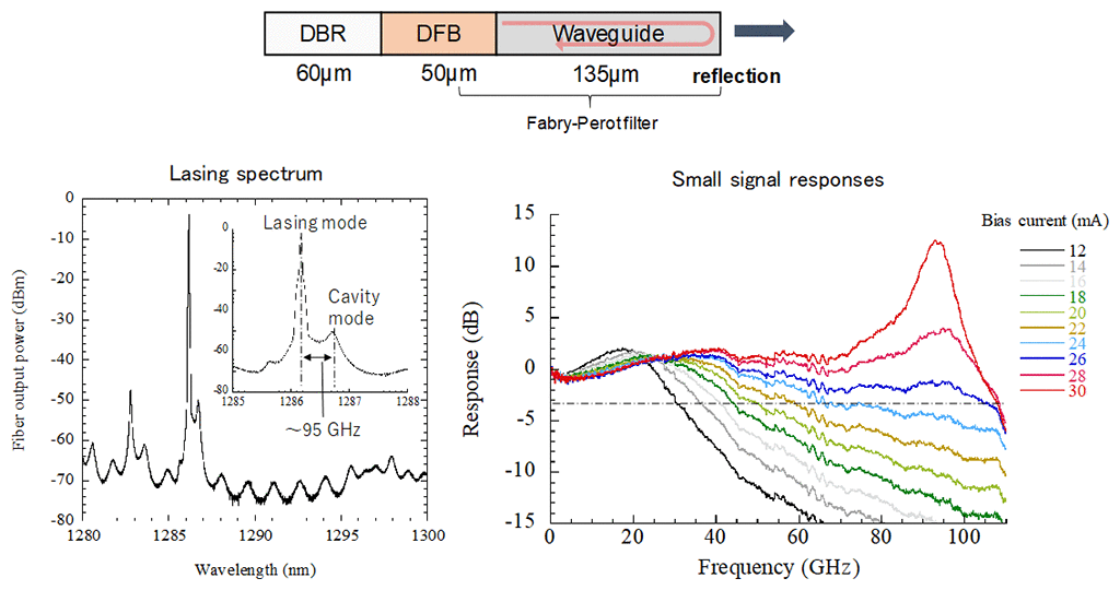 Fig. 6. Lasing spectrum and small-signal responses of the device with reflection at the facet.