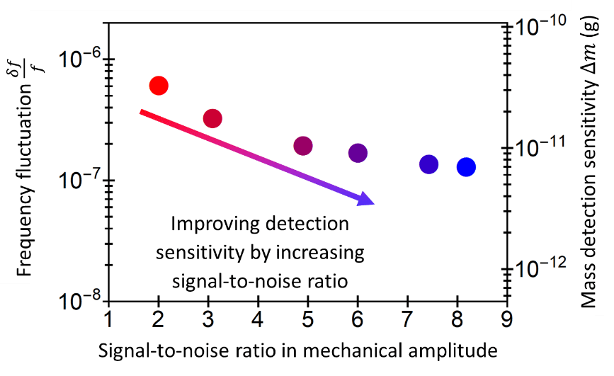 Fig. 2: Relationship between the amount of vibration frequency fluctuation and mass detection sensitivity to signal-to-noise ratio in mechanical amplitude.