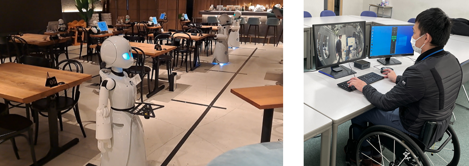 Fig. 2: Demonstration experiment at the Avatar Robot Cafe (left), Operator at the NTT Musashino R&D Center (right)