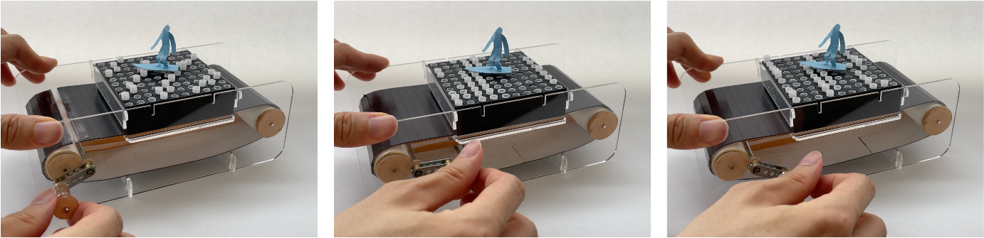 Figure 1: MagneShape implementation example. When a magnetic sheet with a magnetic pattern imprinted on it is moved by rotating a hand-crank, the pins in the display move up and down, presenting waves of different wavelengths under a paper doll resembling a surfer.