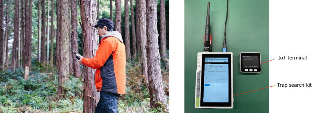 Figure 4 Demonstration Experiment (Left: Trap search by hunters using the proposed technology, right: trap search kit)