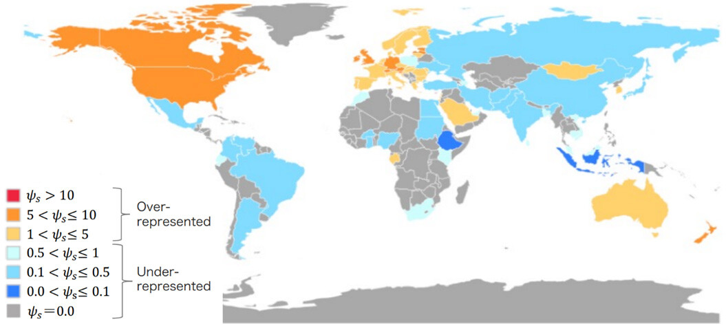 Figure 3 Worldwide Distribution of Normalized Ratios of Participant Samples by Country's Population (Ψs)