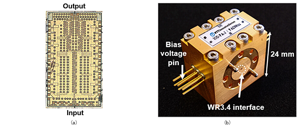 Figure 1 (a) Microscope Image of Amplifier IC (b) External View of Amplifier Module.