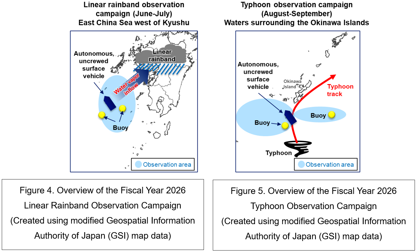 Figure 4. Overview of the Fiscal Year 2026 Linear Rainband Observation Campaign (Created using modified Geospatial Information Authority of Japan (GSI) map data) Figure 5. Overview of the Fiscal Year 2026 Typhoon Observation Campaign (Created using modified Geospatial Information Authority of Japan (GSI) map data)