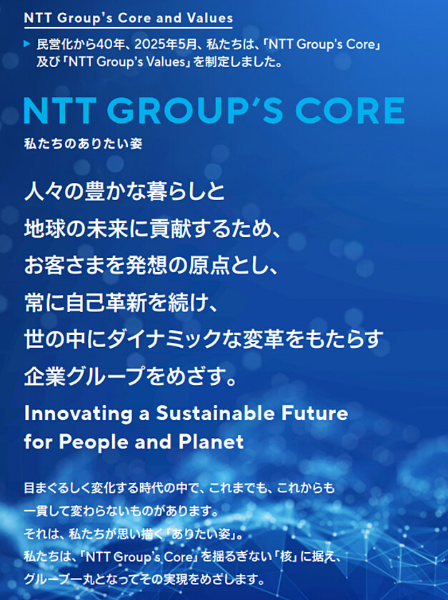 NTT Group's Core and Values 民営化から40年、2025年5月、私たちは、「NTT Group's Core」及び「NTT Group's Values」を制定しました。 NTT GROUP'S CORE 私たちのありたい姿 人々の豊かな暮らしと地球の未来に貢献するため、お客さまを発想の原点とし、常に自己革新を続け、世の中にダイナミックな変革をもたらす企業グループを目指す。 Innovating a Sustainable Future for People and Planet 目まぐるしく変化する時代の中で、これまでも、これからも一貫して変わらないものがあります。それは、私たちが思い描く「ありたい姿」。私たちは、「NTT GROUP'S Core」を揺るぎない「核」に据え、グループ一丸となってその実現をめざします。