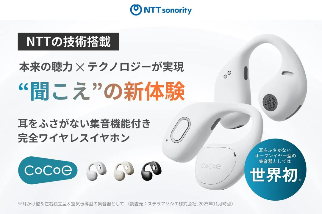 NTTの技術搭載 本来の聴力×テクノロジーが実現 "聞こえ"の新体験 耳をふさがない集音機能付き完全ワイヤレスイヤホン cocoe(ココエ) 耳をふさがないオープンイヤー型の集音器としては世界初 ※耳かけ型＆左右独立型＆空気伝導型の集音器として（調査元：ステラアソシエ株式会社、2025年11月時点）