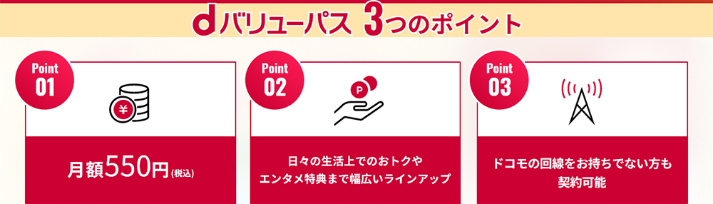 dバリューパス 3つのポイント。01:月額550円(税込)、02:日々の生活上でのおトクやエンタメ特典まで幅広いラインアップ、03:ドコモの回線をお持ちでない方も契約可能。