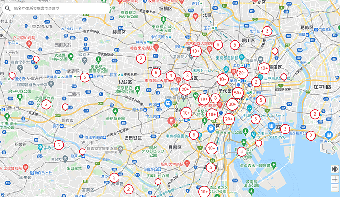 画像：2016年1月時点の都内の「Japan Wi-Fi auto-connect」対応のWi-Fiスポット数をマップ上に表示した画像。合計400ほどのWi-Fiスポットが確認できます。