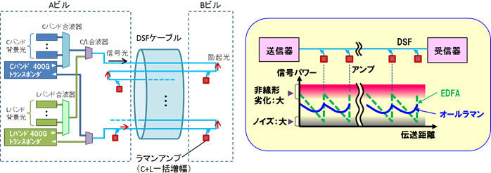 図1　フィールドトライアル実験構成（左）オールラマン光増幅の信号パワーイメージ（右）