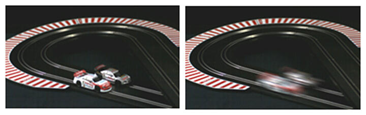 図1 ハイフレームレートによるモーションブラー低減の効果（左：ハイフレームレート映像、右：標準映像）