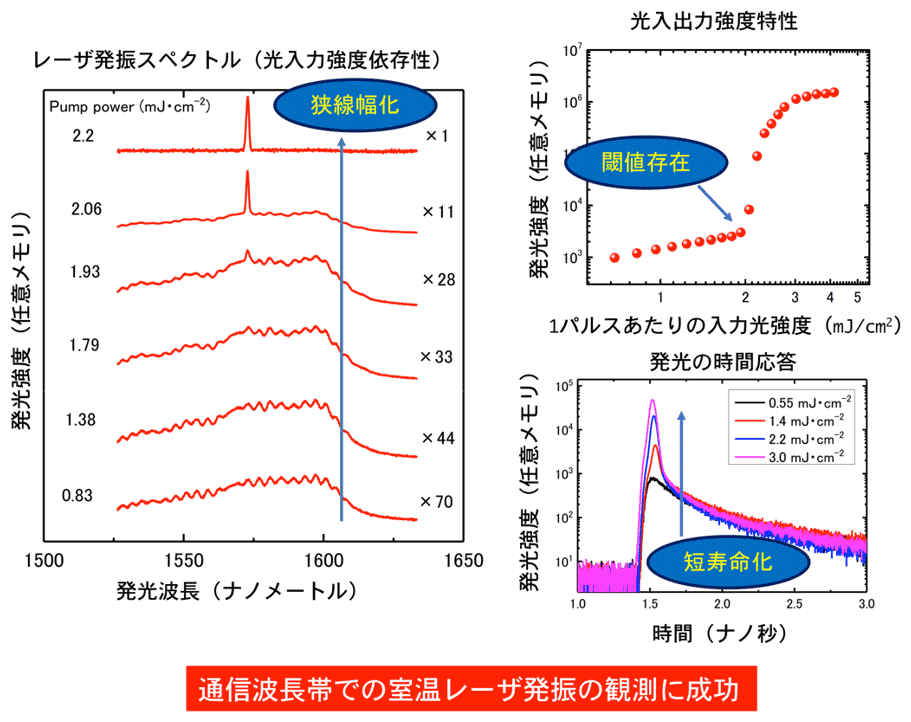 図3：通信波長帯での室温レーザ発振の観測