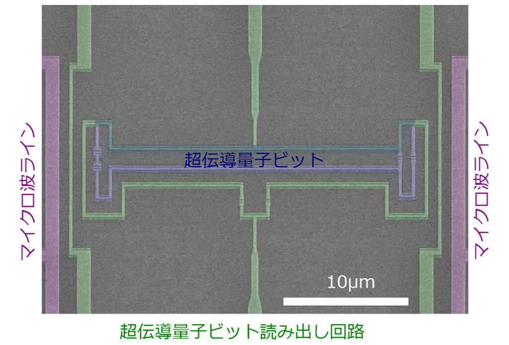 図1　超伝導磁束量子ビットの電子顕微鏡写真。青色のループが超伝導量子ビット。