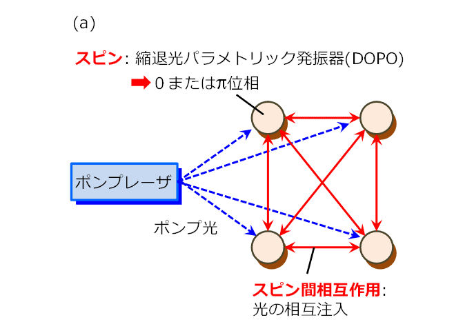 （a）コヒーレントイジングマシンの概念図