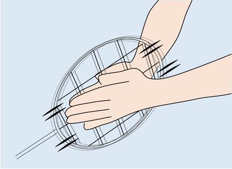 図1. 両手の間に平行なワイヤを挟んで前後にこするとベルベットハンド錯覚が生じる