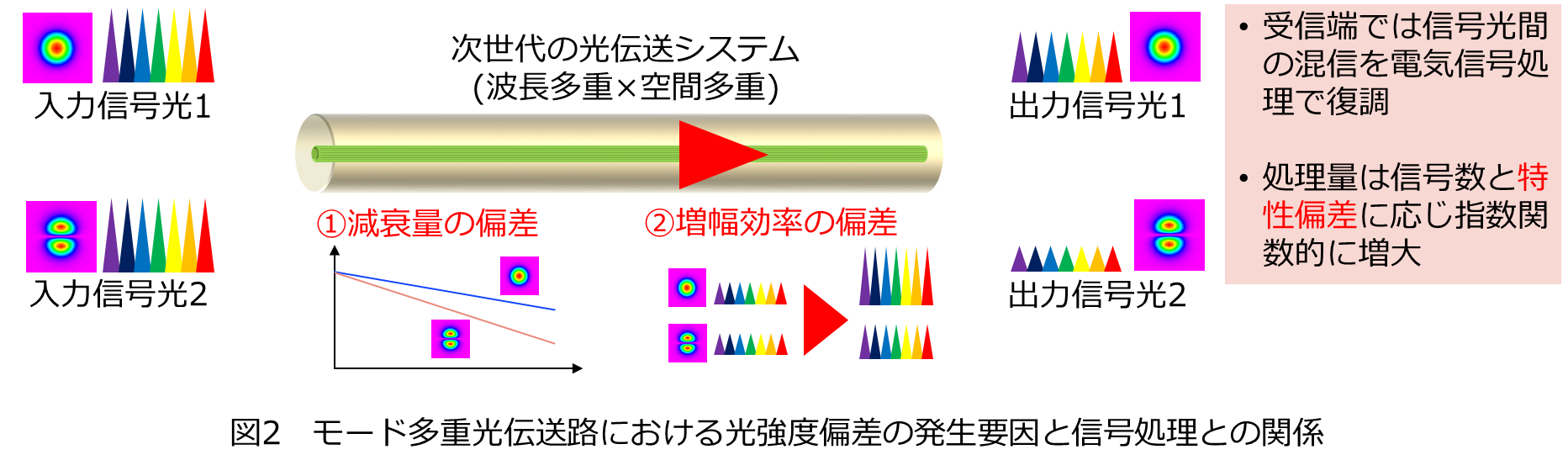 図2 モード多重光伝送路における光強度偏差の発生要因と信号処理との関係