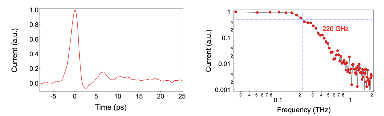 図4：動作速度220 GHzの実証 （左）光パルス照射による電流の時間変化。（右）フーリエ変換によって得られた電流の各周波数成分の大きさ。電流の大きさが3 dB下がるところの動作速度が220 GHzとなっている。