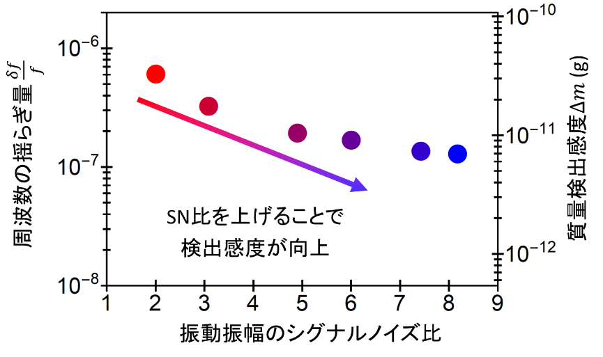 図2：シグナルノイズ比に対する振動周波数の揺らぎ量と質量検出感度の関係