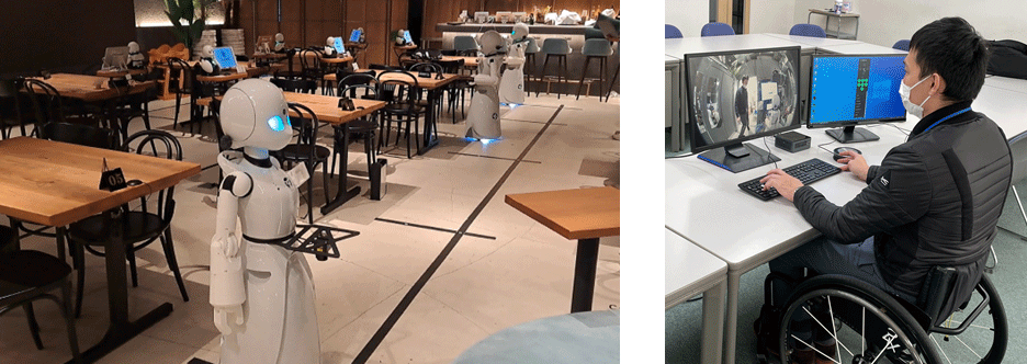 図2：分身ロボットカフェでの実証実験の様子（左）、NTT武蔵野研究開発センタの操作者（右）