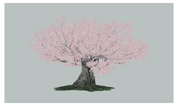 図3 歌舞伎美術と調和する表現による桜の点群映像