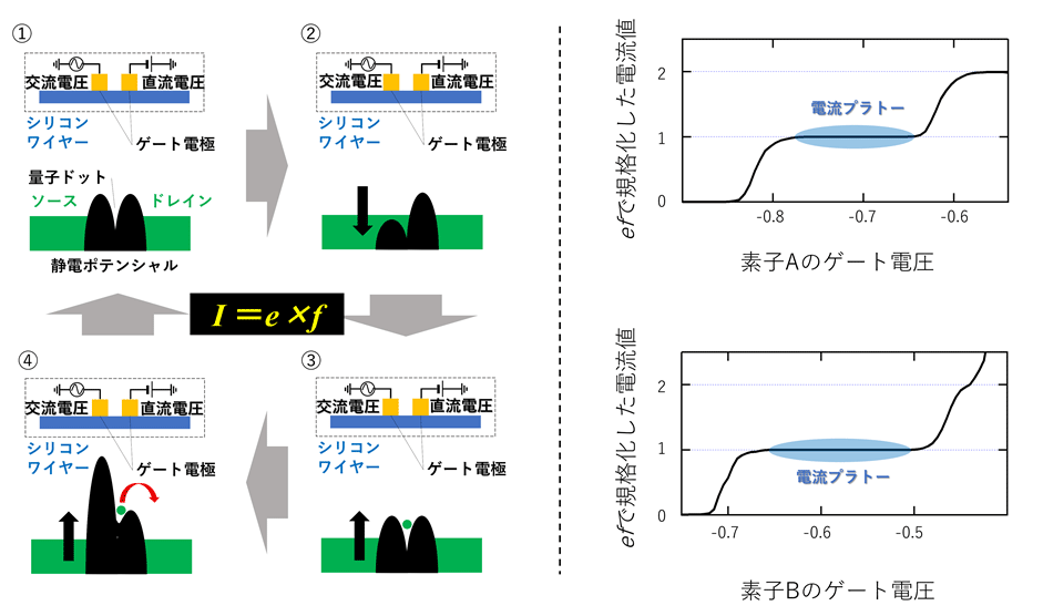 図2 シリコン量子ドットによる電流発生のメカニズム（左）と二つの素子で発生した電流（右）