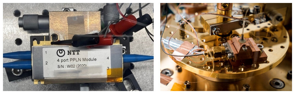 図2：光パラメトリック増幅器（左、OPA）と超伝導光子検出器（右）