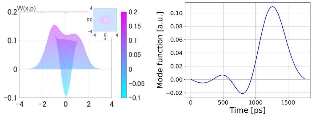 図3：実験結果 生成された量子状態のWigner関数（左）及び波束形状（右） Wigner関数の負値は量子状態の量子性を表すものである。波束形状については、サブナノ秒スケール（従来は数十～数百ナノ秒程度）の波束の測定に成功しており、本研究で実現した高速測定の有用性を示している。