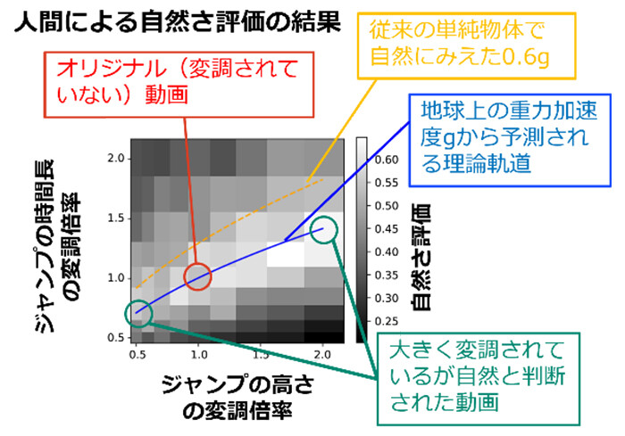 図2　実験参加者によるジャンプ動画の自然な見え方の印象評価結果。一つのマス目が一つの動画に対応しており、そのマス目の色が白くなるほど、その動画がより自然に見えたことを表す。本結果は地球上の重力の法則に従ったジャンプ動作（青線付近のジャンプ動作）ほど自然に見えることを示している。