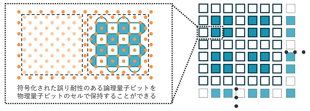 図1 表面符号の誤り耐性計算の概念図と従来設計の一例。図左：橙丸は物理的な量子ビットであり、一つのセルは通常数百程度の量子ビットによって構成される。図は表面符号での実装例で、白や青色の半円や矩形はエラーの検査パターンを表す。図右：青色セルが論理的な量子ビット、白色セルがその演算のために割り当てられた補助的なセルを表現している。ここではメモリ効率を青色セル数の全セル数に対する割合で測る。図の設計指針のメモリ効率は44%である。