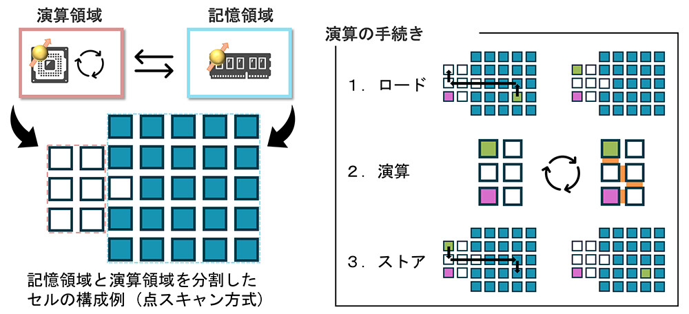 図2 提案手法の全体概要。図左：本成果で提案した量子メモリ方式によるセル配置の一例。図1の従来設計と比べ、白色セル（演算のために割り当てられた補助的なセル）の割合が低く、青色セル（データを保持するセル）の割合が高くなっており、メモリ効率が高い。左側の白色のセル領域が演算領域、右側の青色セルに占められた領域が記憶領域に相当する。図右：本成果で提案する演算フロー。この方式ではプログラムは抽象化されたデータの移動と演算のみを指示するため、記憶領域で利用する符号やハードウェアが変化しても実行可能となる。1.ロード　右側の記憶領域に保持された目的のセル（緑色セル）を所定の論理操作で演算領域に移動する。2.演算　演算領域にあるセルを補助的なセル（白色セル）や事前にロードされた別のセル（紫色セル）を用いて演算を行う。3.ストア　演算が完了したセルを記憶領域に戻す。