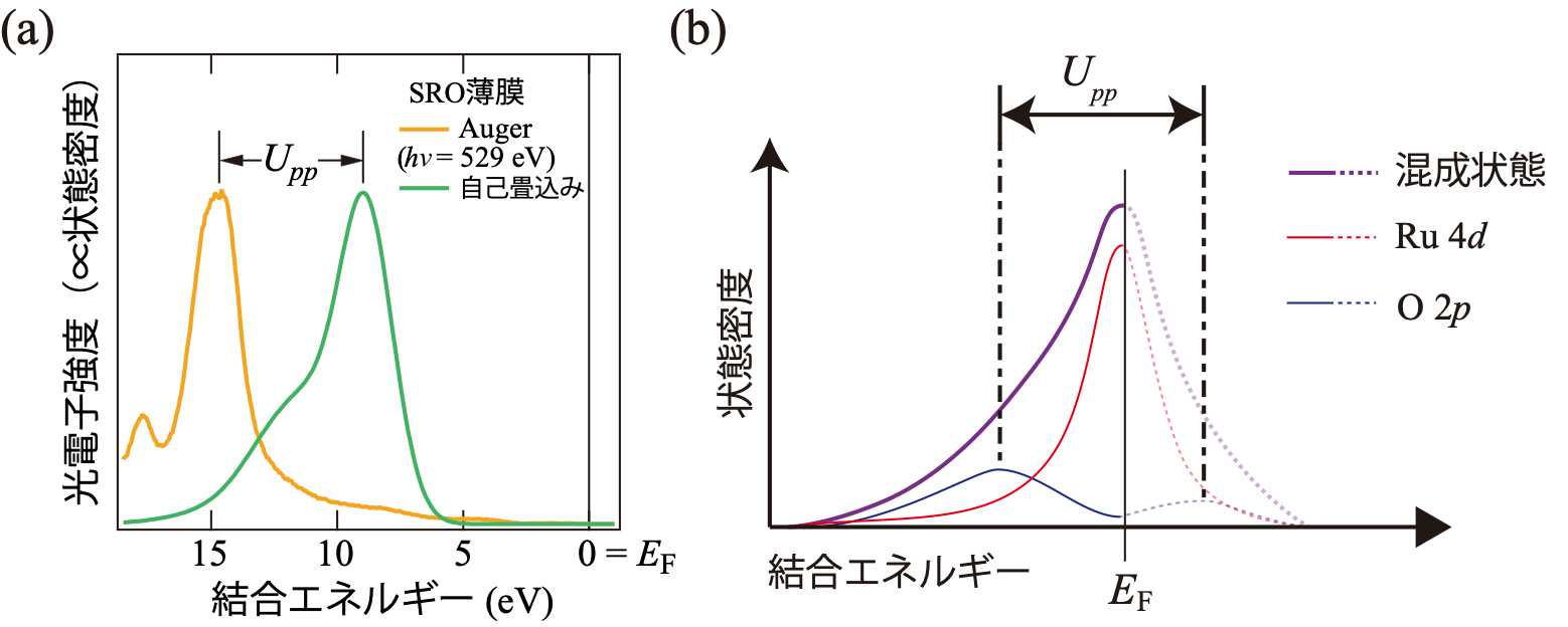 図2：SrRuO3における酸素の電子相関（Upp） （a）電子相関の見積もり。酸素のオージェスペクトル（橙色、電子相関を含む）と価電子帯の自己畳込みスペクトル（緑色、電子相関を含まない）の比較。ピークのエネルギー差が電子相関の大きさ（Upp）を反映している。ここで、自己畳込みスペクトルとは、価電子帯の混成に寄与しないO 2p電子状態を自己畳込みすることで、電子相関がない場合のスペクトルに変換したものである。（b）Uppを考慮したRu 4d-O 2p混成電子状態の概略図。酸素の大きな電子相関によりO 2p PDOS（青色）のEFでの状態密度（DOS）が減少してほぼゼロであり、絶縁体に近い状態になっている。