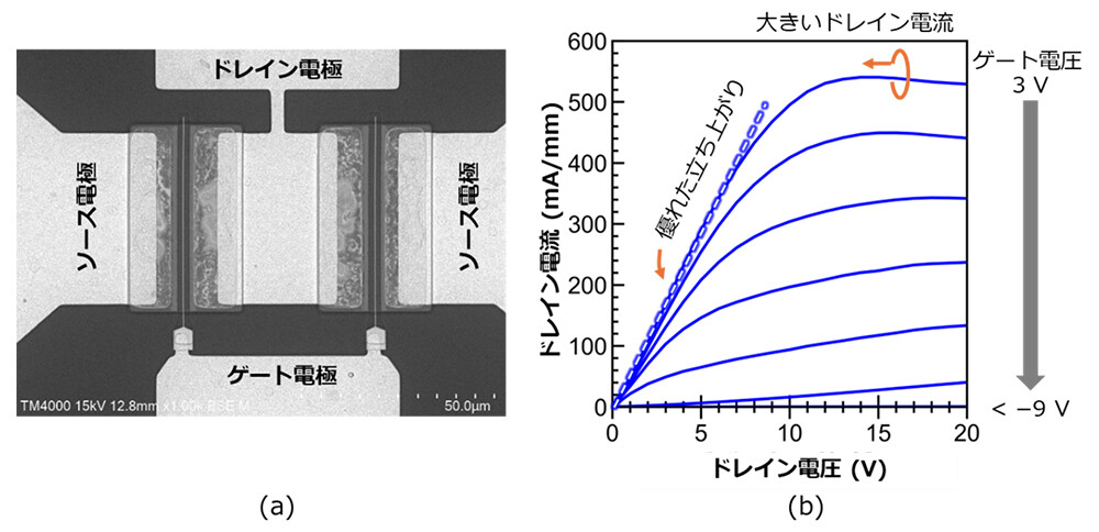 図3　AlN系トランジスタ（Al組成85％）の(a)電子顕微鏡像（上面から撮影）、(b)ゲート電圧を+3Vから−9Vまで変化させたときのドレイン電流‐電圧特性。