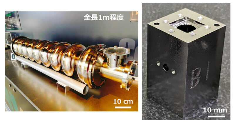 写真：加速器用の超伝導空洞共振器（左）と量子技術用の超伝導空洞共振器（右）。