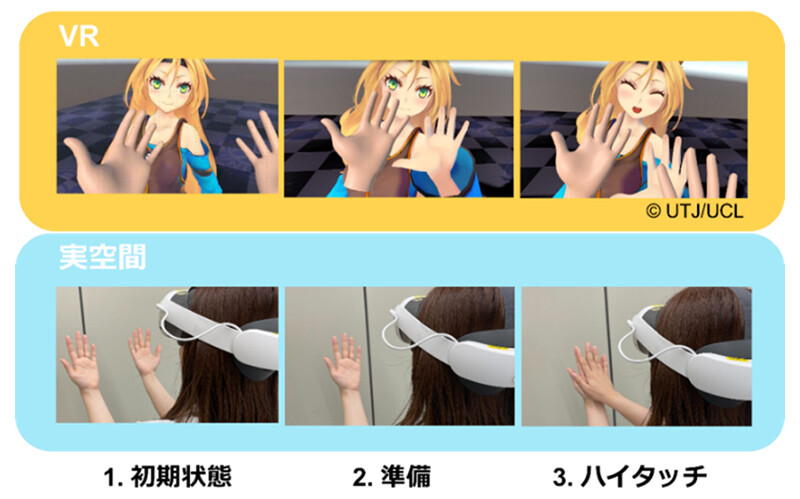 図4. バーチャルキャラクターと物理的にハイタッチする様子。