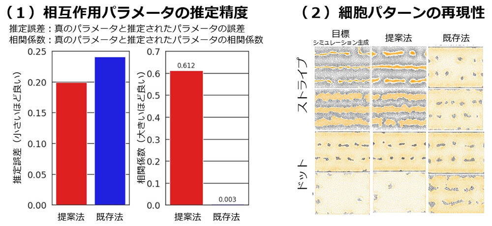 図4 提案法およびベースライン手法の実験結果。(1) 逆代理モデルの精度評価。推定誤差、相関係数共に既存法よりも提案法が優れている。(2) 細胞パターンの再現性評価。提案法は目標の細胞パターンの特徴をよりよく再現することに成功している。