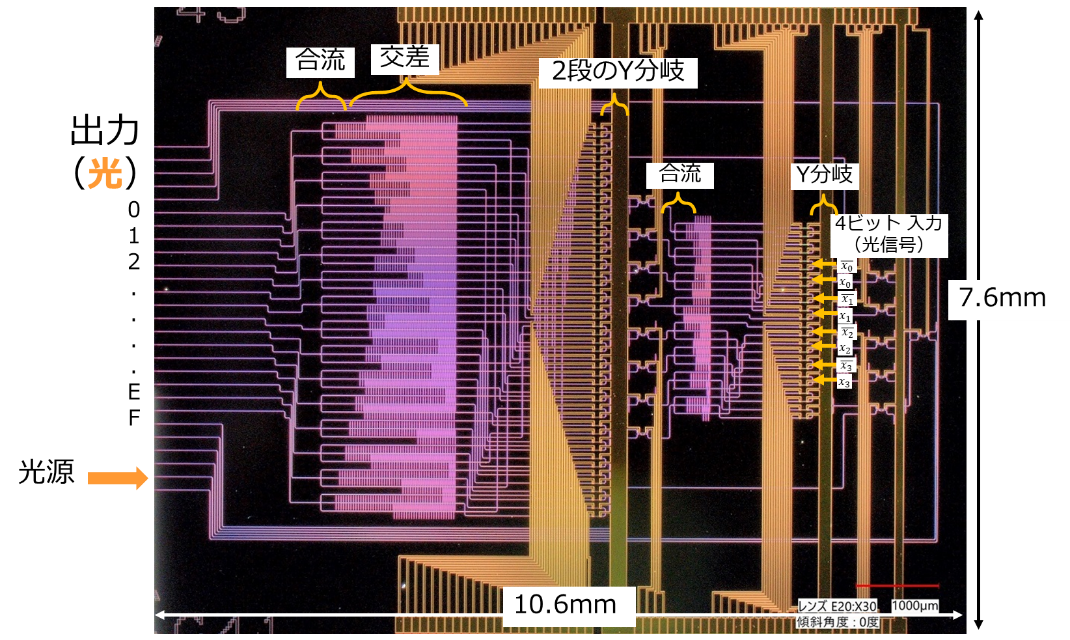 図1　シリコンフォトニクス技術により作製したS-box光回路の顕微鏡画像（Y分岐素子を利用した光回路の例）